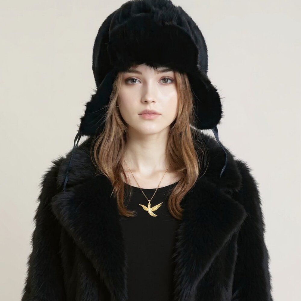 Vintage Black Russian Fur Ushanka USSR CapTrapper Hat Ear Flaps Size 60 (Large)